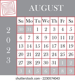 Square format 2023 Calendar AUGUST gray white background designer cut