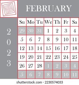 Square format 2023 Calendar FEBRUARY Gray White designer cut