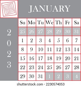 Square format 2023 Calendar JANUARY Gray White background designer cut
