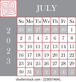 Square format 2023 Calendar JULY gray white background designer cut