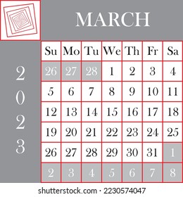 Square format 2023 Calendar MARCH Gray White designer cut