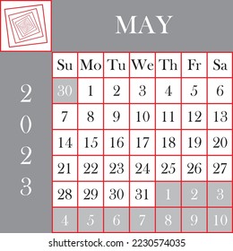 Square format 2023 Calendar MAY gray white background designer cut