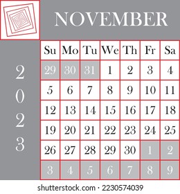 Square format 2023 Calendar NOVEMBER Gray White designer cut