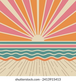 Square format background with a sun featuring rays in shades of orange, pink, and cream. Below, an abstract depiction of the beach with sandy shores and waves in blue