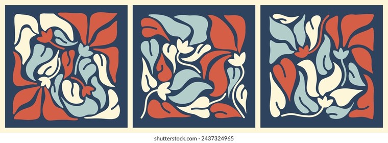 Colección de arte naïve de formato cuadrado. Pintura floral moderna, estampados de arte de la pared. Gráfico retro con flores y hojas. Ilustraciones de resorte de vector dibujadas a mano. Decoración cuadrada. Paleta limitada silenciada