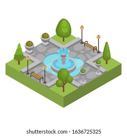 Square With Fountain In City Park Vector Isolated Isometric Illustration. Outdoor Resting Place Area With Water Fountain In Center. Trees, Grass, Flower Beds, Benches, Lanterns. Nobody.