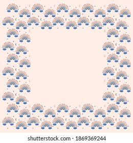 Square frame of abstract decorative rainbow decorated with stars, clouds and crescents in blue, soft pink and gray colors on a beige background. For baby graphic design. Vector children`s border.