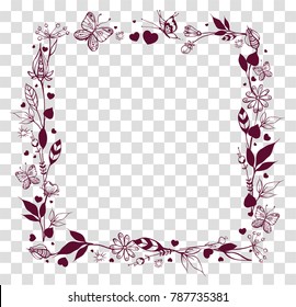 Square frame of abstract flowers and leaves on transparent background. Vector nature summer illustration
