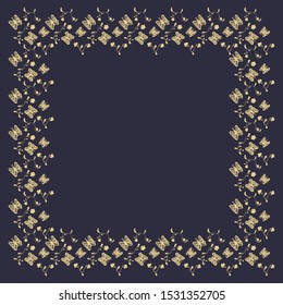 Square frame of abstract golden butterflies and flowers on a dark background. Hand drawing. For text, invitation, card, signboard, flyer, etc. Vector.