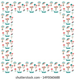 A square frame of abstract mushrooms, falling leaves and grass in the Scandinavian style on a white background. Template for text. Vector.