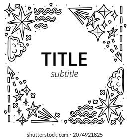 Square frame with abstract shapes. Social media post design template. Doodles on white background with space for text. Playful, carefree feel.