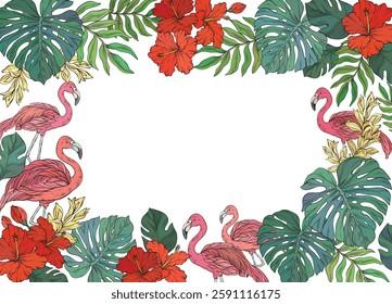 square frame adorned with pink flamingo and tropical palm leaves and flowers