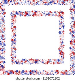 Square Frame of American Patriotic Stars Confetti. USA Festival Flyer Pattern Design. American Democracy Texture. Packaging, Ad Print Design Background.