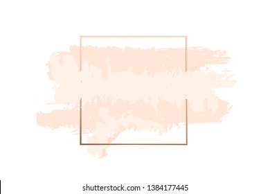 Square Frame art smear, Pink brush strokes. Gold foil stamp invitation. Advertising of cosmetic products spring sales. Paint brush tone powder on white background. Artistic cute trend pastel colors