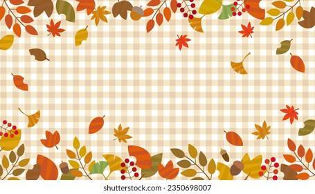 Square frame with autumn leaves and berries and beige gingham check background