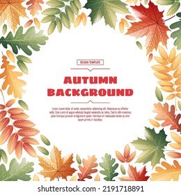 Square frame with autumn leaves of maple, rowan, oak. Autumn background with variegated foliage. Suitable for banners, cards, flyers, etc.