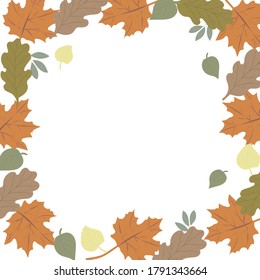 Square frame of autumn leaves of various trees. Autumn background design for your text, illustration for postcards and invitations.