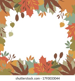 Square frame of autumn leaves of various trees. Autumn background design for your text, illustration for postcards and invitations.