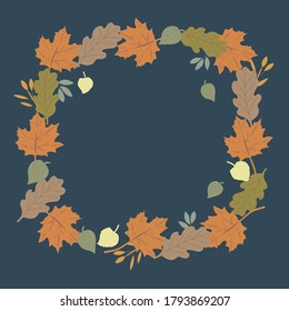 Square frame of autumn leaves of various trees. Autumn background design for your text, illustration for postcards and invitations.