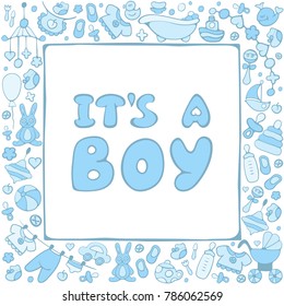Square frame with baby shower elements. It is a boy. Suitable for invitation card or flyer