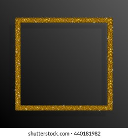 Square frame, background with golden sequins, glitters, sparkles, paillettes. Disco party light music shiny sequins. Gold dots glitter texture. Metallic glowing cloth fashion. Bright frame. Repeat.