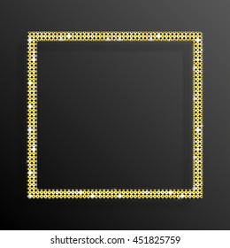 Square frame, background with golden sequins, glitters, sparkles, paillettes. Disco party light music shiny sequins. Gold dots glitter texture. Metallic glowing cloth fashion. Bright frame. Repeat.