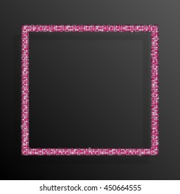 Square frame, background with pink sequins, glitters, sparkles, paillettes. Disco party light music shiny sequins. Pink dots glitter texture. Metallic glowing cloth fashion. Bright frame. Repeat.