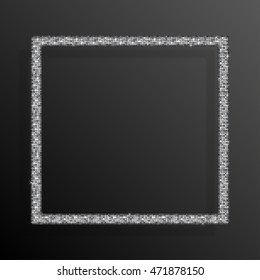 Square frame, background with silver sequins, glitters, sparkles, paillettes. Disco party light music shiny sequins. Silver dots glitter texture. Metallic glowing cloth fashion. Bright frame. Repeat.