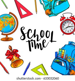 Square frame, banner with school items, backpack and round place for text, sketch vector illustration on white background. Hand drawn school bag bell globe clock frame with round place for text