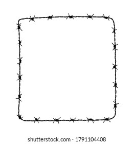 Square Frame From Barbed Wire Silhouette. Vector Illustration Of Box Shape Hand Drawn Barb Wire For Flyer Or Banner. Great For Promotion Or Advertising