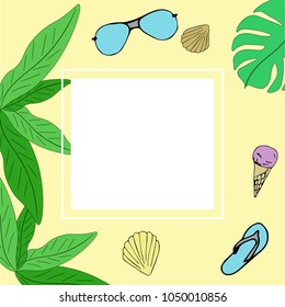 Square frame. Beach background, palm green leaves. Vector Image
