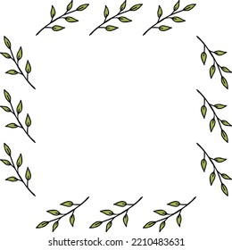 Square frame with beautiful green branches on white background. Vector image.