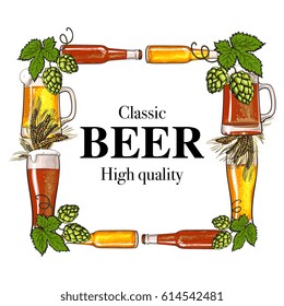 Square frame of beer bottle, mug and glass, malt and hop with place for text, sketch vector illustration isolated on white background. Hand drawn beer bottle, glass square frame with place for text