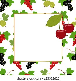 square frame with berries. red currants, black currants, gooseberries and cherries on a white background. vector illustration