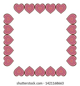 Square frame with big multicolor hearts on white background. Isolated frame for your design.  Vector image. 
