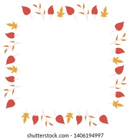 Square frame with big red leaves, yellow leaves and orange branches on white background. Isolated wreath for your design.

