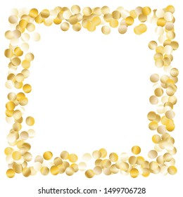 Square Frame of Big Round Confetti. Golden Christmas Pattern. Bright Decoration for Holiday Card Cover Print. Realistic Glitter. Isolated Christmas Pattern. Vector.
