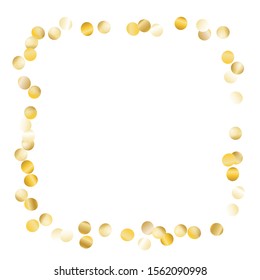 Square Frame of Big Round Confetti. Golden Christmas Pattern. colorful Decoration for Holiday Wallpaper Poster Banner. Realistic Glitter. Isolated Christmas Pattern. Vector.