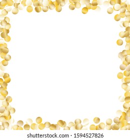 Square Frame of Big Round Confetti. Golden Christmas Pattern. Bright Decoration for Holiday Card Wallpaper Cover. Realistic Glitter. Isolated Christmas Pattern. Vector.
