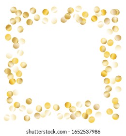 Marco cuadrado de Gran Confetti redonda. Patrón de la fiesta dorada. Decoración brillante para cartel de portada de Navidad. Deslumbramiento realista. Patrón de partido aislado. Vector.
