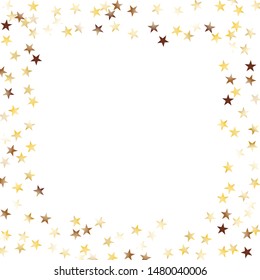 Square Frame of Big Star Confetti. Golden Party Pattern. Bright Decoration for Holiday Card Print Cover. Realistic Glitter. Isolated Party Pattern. Vector.