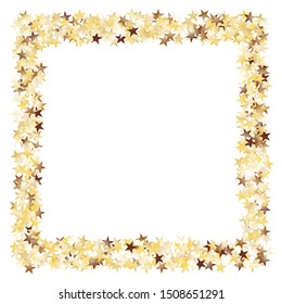 Square Frame of Big Star Confetti. Golden Christmas Background. Trendy Decoration for Holiday Wallpaper Cover Card. Realistic Glitter. Isolated Christmas Background. Vector.