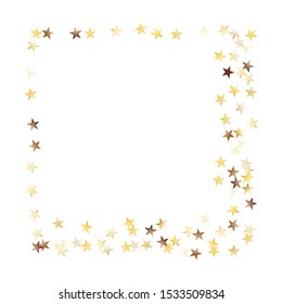 Square Frame of Big Star Confetti. Golden New Year Background. Bright Decoration for Holiday Poster Banner Cover. Realistic Glitter. Isolated NewYear Background. Vector.