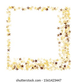 Square Frame of Big Star Confetti. Golden New Year Pattern. Bright Decoration for Holiday Card Cover Banner. Realistic Glitter. Isolated New Year Pattern. Vector.