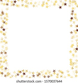 Square Frame of Big Star Confetti. Golden New Year Pattern. Festive Decoration for Holiday Print Poster Card. Realistic Glitter. Isolated New Year Pattern. Vector.