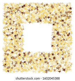 Square Frame of Big Star Confetti. Golden Christmas Background. Trendy Decoration for Holiday Banner Wallpaper Card. Realistic Glitter. Isolated Christmas Background. Vector.