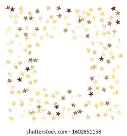 Square Frame of Big Star Confetti. Golden Christmas Background. colorful Decoration for Holiday Print Cover Banner. Realistic Glitter. Isolated Christmas Background. Vector.
