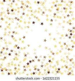Square Frame of Big Star Confetti. Golden Christmas Background. colorful Decoration for Holiday Print Cover Banner. Realistic Glitter. Isolated Christmas Background. Vector.