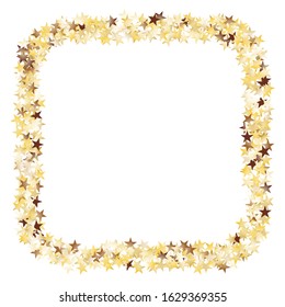Square Frame of Big Star Confetti. Golden New Year Background. Bright Decoration for Holiday Poster Card Cover. Realistic Glitter. Isolated NewYear Background. Vector.