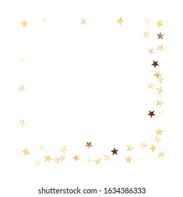 Square Frame of Big Star Confetti. Golden Christmas Background. colorful Decoration for Holiday Print Cover Banner. Realistic Glitter. Isolated Christmas Background. Vector.